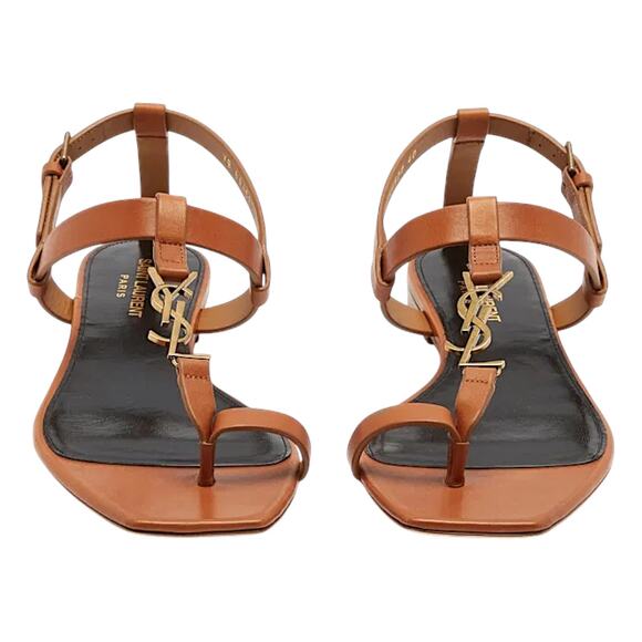 Saint Laurent Cassandra YSL Logo T Strap Toe Ring Sandal Brown Size 41 - Picture 4 of 14